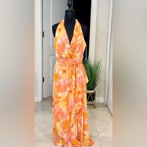 London Times Orange and Pink Sleeveless Maxi Dress